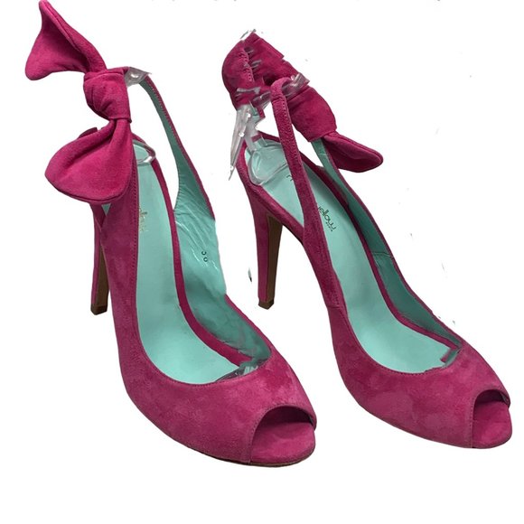 MELLOW YELLOW Nuevo Pink‎ Suede Peep Toe Slingback Bow Pumps - Picture 5 of 12